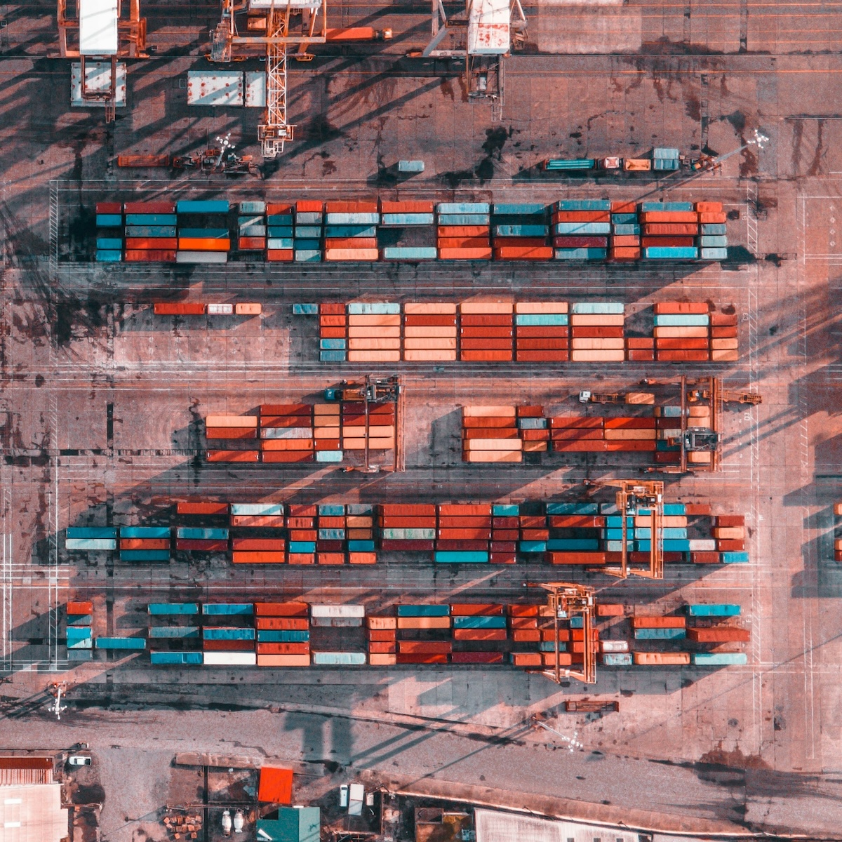 Aerial view of cargo containers at a global port—representing CTPAT certification, trade compliance, and supply chain security.